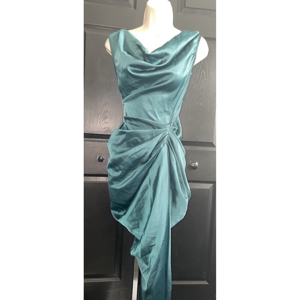 PrettyLittleThing Emerald Green Satin Draped Midi Dress Size 6 NWT